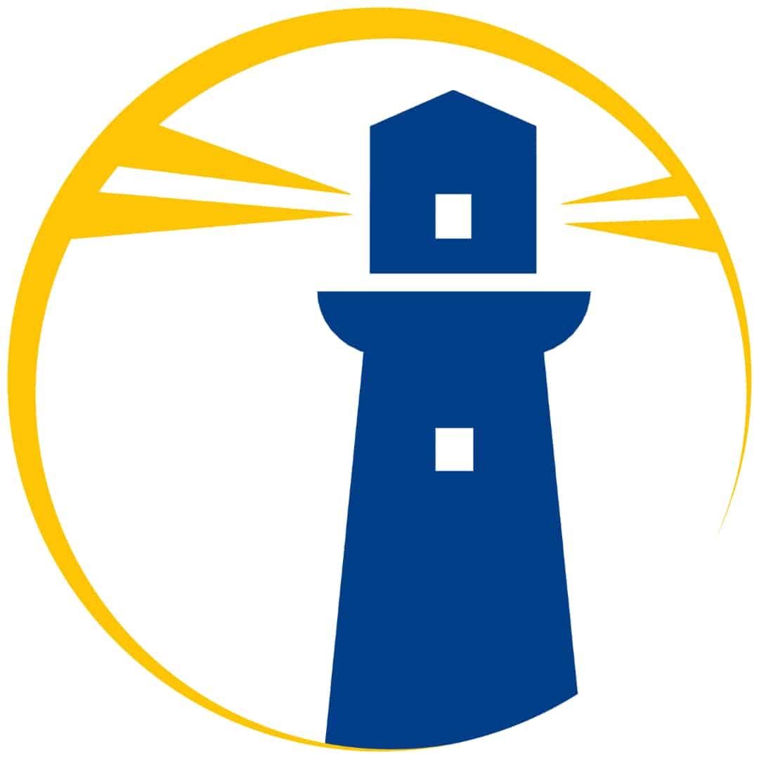 Logo of a blue lighthouse within a yellow circular sunburst motif.